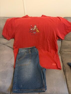 Life Is Good Red Short-Sleeve Graphic Tee with Jean shorts.